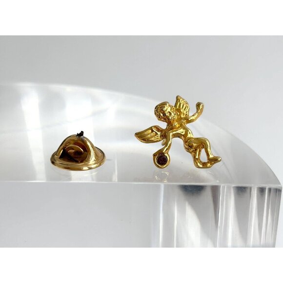 Teeny Tiny Cherub Gold T Purple Rhinestone Angel Figural Vintage Religious Pin - Picture 6 of 10